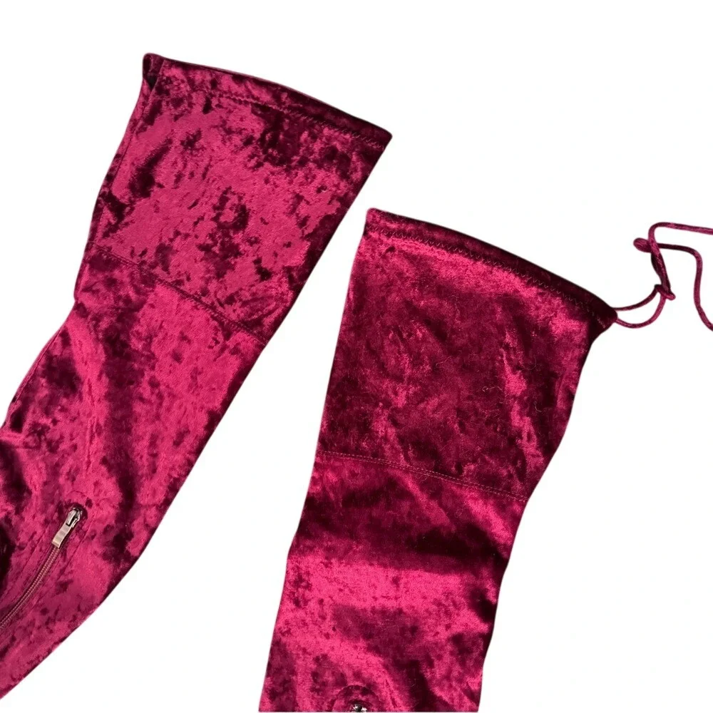 Catherine Malandrino Over‎ The Knee Velvet Boots Burgundy Tie Back Heeled 7.5